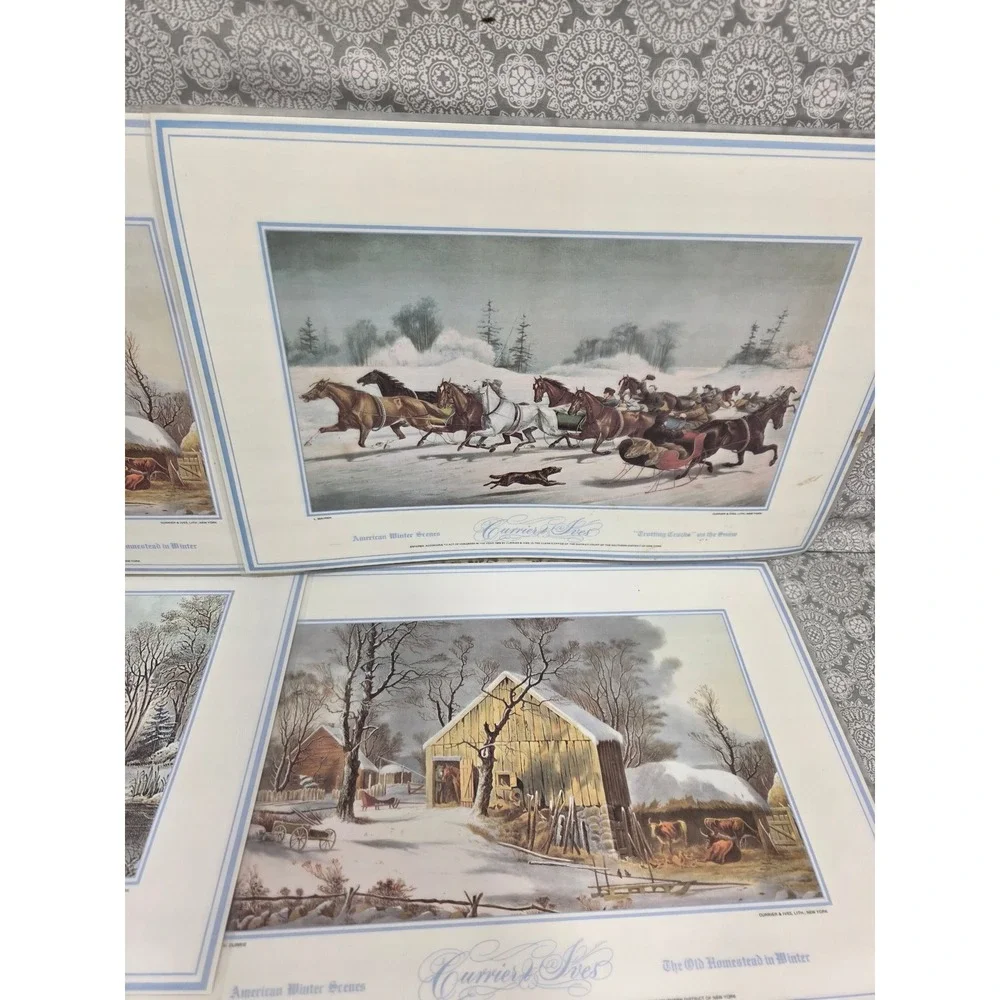 8 Vintage Christmas Placemats Winter Scene Holly‎ Candle Decor Currier & Ives